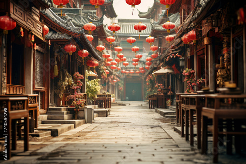 Wallpaper Mural CNY holiday celebration, China street festively decorated with traditional lanterns and garlands, Chinatown city buildings Torontodigital.ca