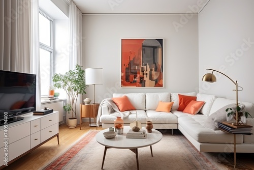 White Sofa Mid-century Apartment Room with Terracotta Cushion Accents and Modern Layout