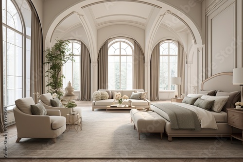 Modern Space: Arched Ceiling Home Designs with Neutral Palette, Elegant Drapes & Spacious Bedrooms © Michael