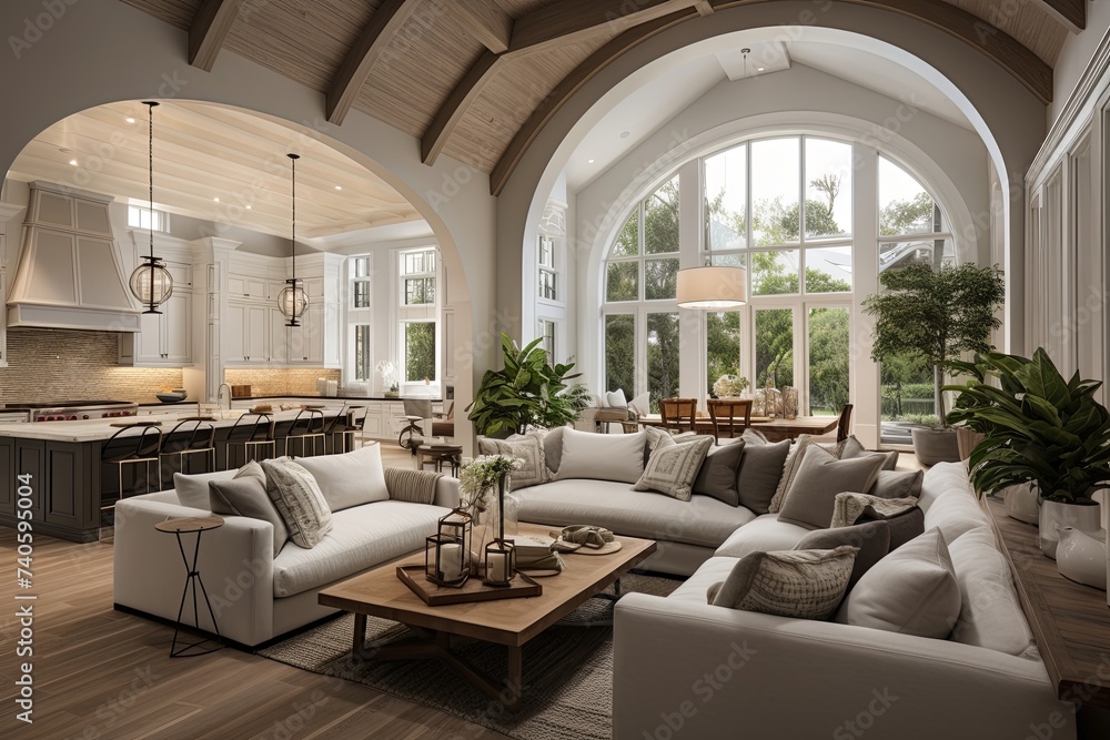 Maximizing Natural Light: Arched Ceiling Home Designs with Open Concept Living and Large Windows
