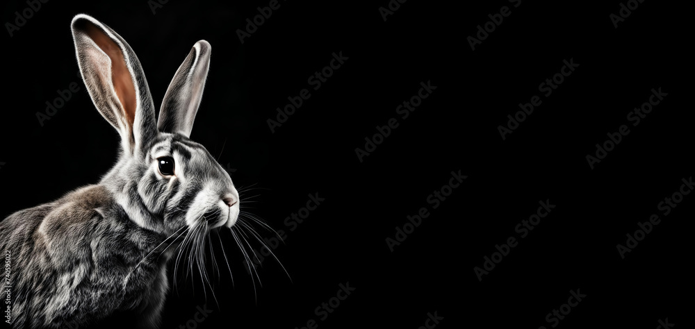 Fototapeta premium a fluffy rabbit on a dark background. decoration for a Happy Easter. graphic drawing. artificial intelligence generator, AI, neural network image. background for the design.