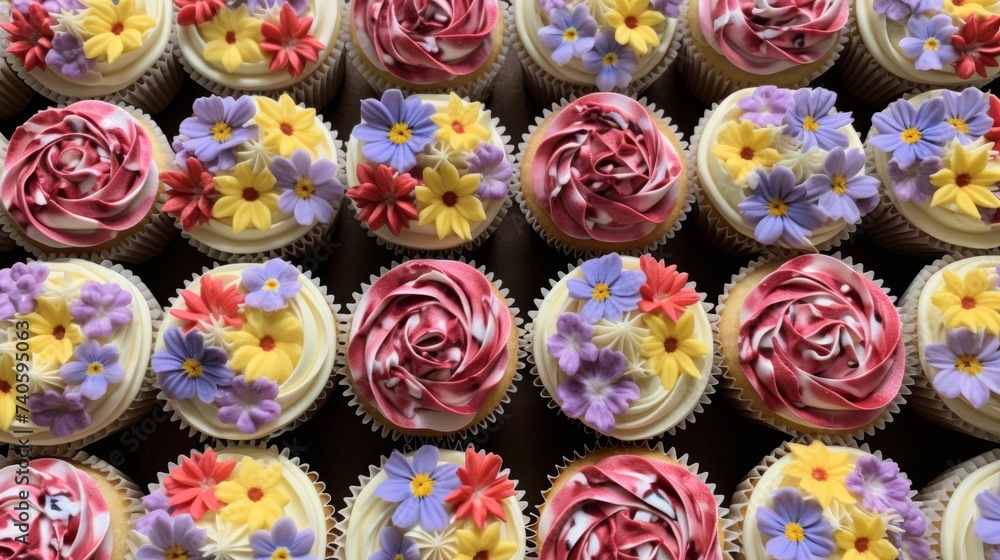 Vibrant tray of cupcakes adorned with beautiful edible flowers for special occasions