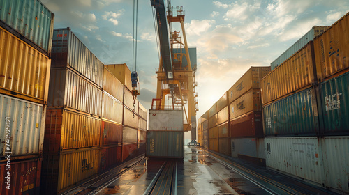 Container freight is loaded from a ship with a crane. Generative AI.