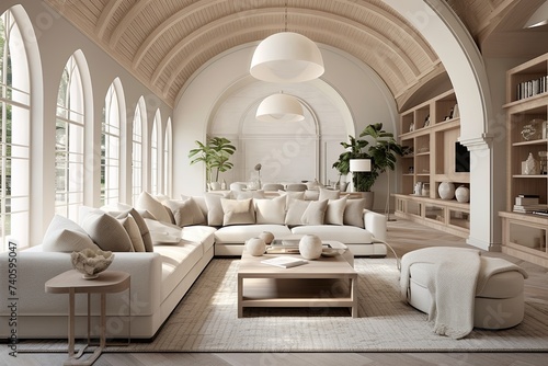 Chic Pendant Lamps: Modern Arched Ceiling Home Designs with Cozy Couch © Michael