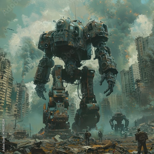 Fotografiet Post apocalyptic battlefield robots vs mutants amidst the ruins of a nuclear bla