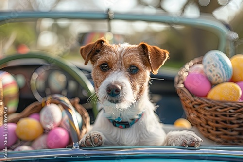 puppy driving a vintage Easter-themed convertible car, with Easter baskets overflowing with treats piled high in the backseat