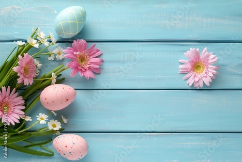 Happy Easter Eggs Basket creative coloring. Bunny hopping in flower spring decoration. Adorable hare 3d Easter egg basket rabbit illustration. Holy week easter festive hunt baby blue card pictogram