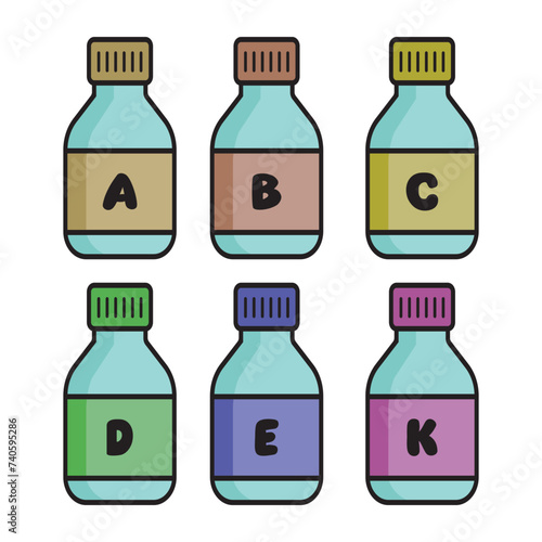 Set of 6 colorful vitamin icons -group B vitamins - B1, B2, B3, B5, B6, B7, B9, B12 - simple icon illustration, graphic element for products, supplements, web design and more.