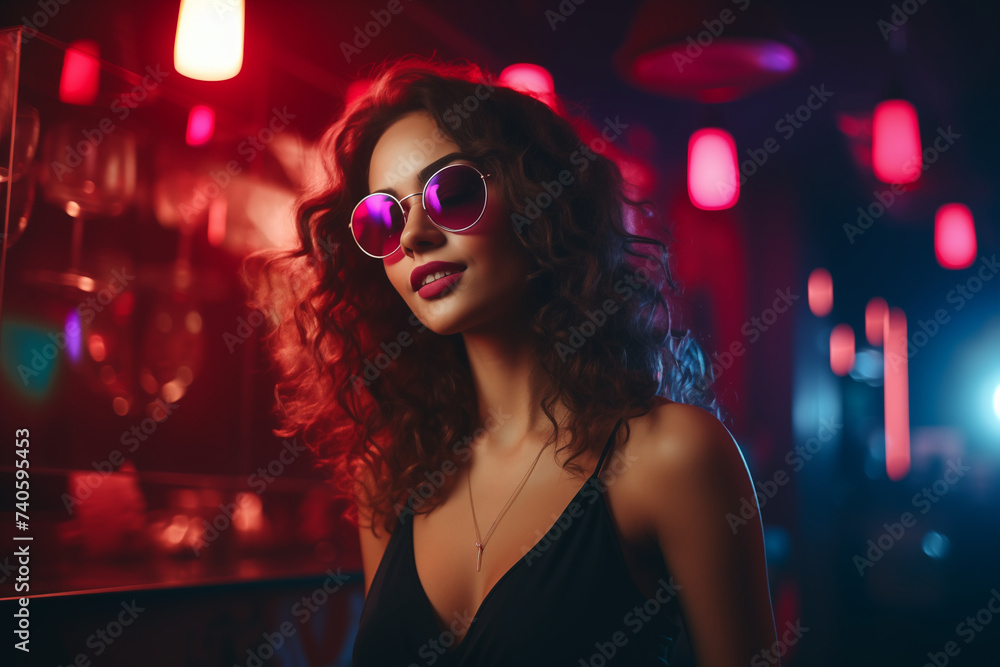 Cool young woman with sunglasses in a night club, generative AI 