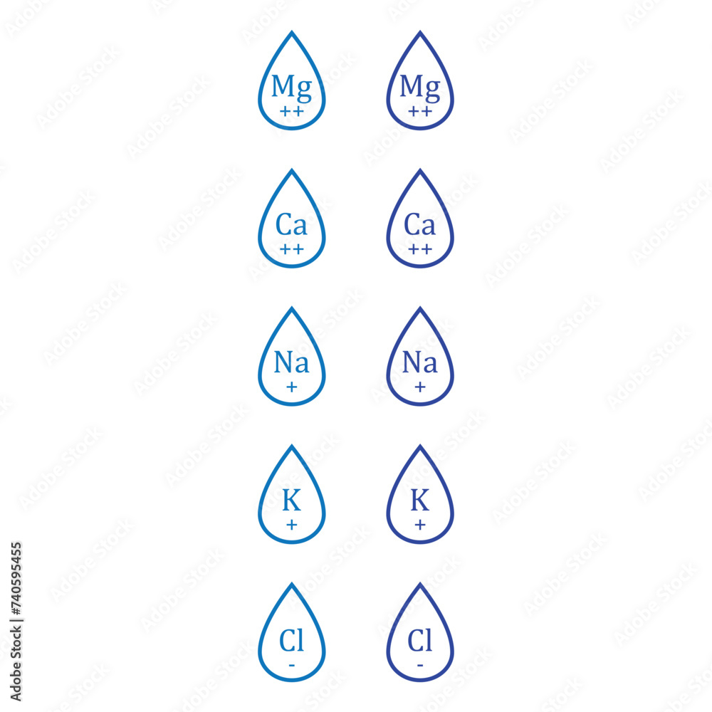 Set of 10 blue electrolyte icon elements - Calcium, Potassium, Chlorine, Magnesium, Sodium - to use in product, web design, advertisement and more. Set of 10 blue electrolyte icon elements - Calcium, Potassium, Chlorine, Magnesium, Sodium - to use in product, web design, advertisement and more.