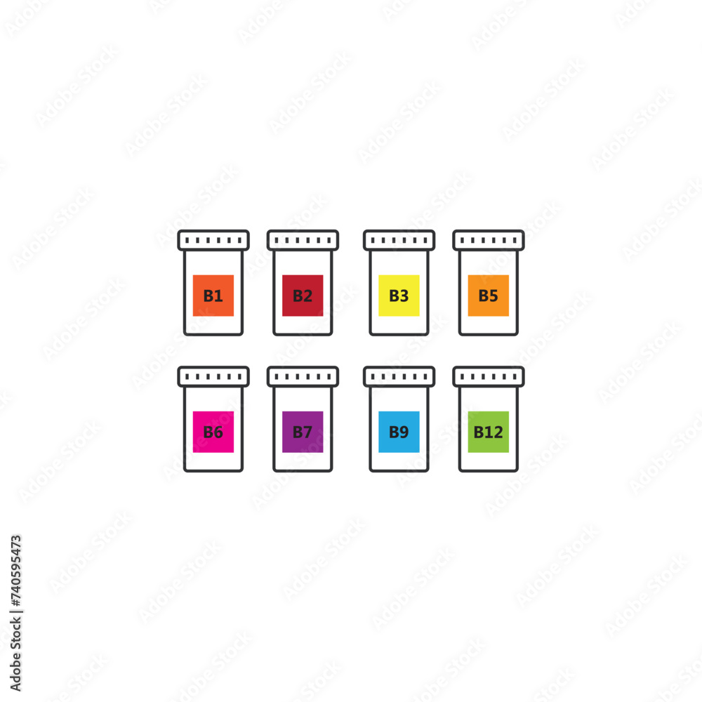 Set of 8 colorful vitamin icons - A, B, C, D, E, K - simple bottle icon illustration, graphic element for products, supplements, web design and more.
