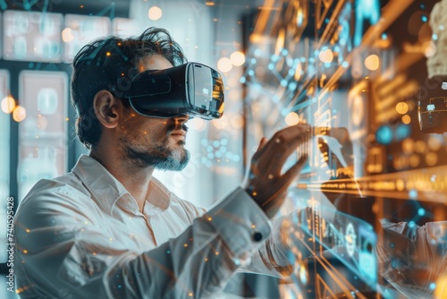 Man using virtual entertainment with virtual reality goggles. Generative AI