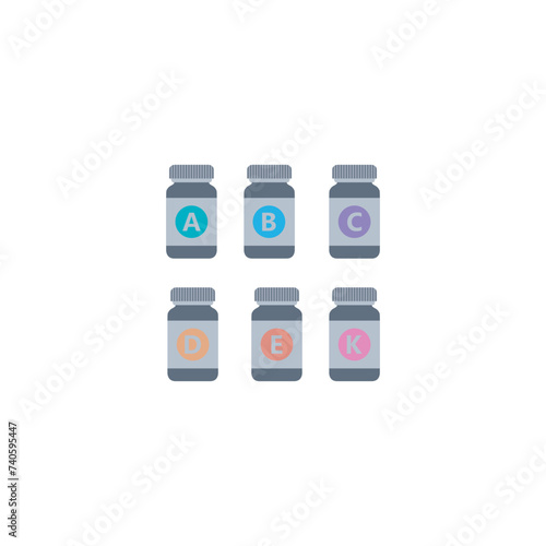 Set of 6 colorful vitamin icons - A, B, C, D, E, K - simple bottle icon illustration, graphic element for products, supplements, web design and more.
