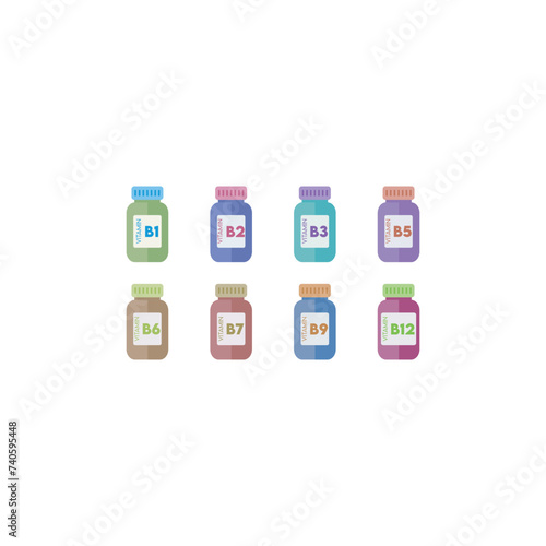 Set of 8 colorful vitamin icons - A, B, C, D, E, K - simple bottle icon illustration, graphic element for products, supplements, web design and more.