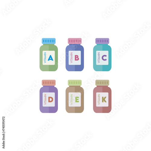 Set of 6 colorful vitamin icons -group B vitamins - B1, B2, B3, B5, B6, B7, B9, B12 - simple icon illustration, graphic element for products, supplements, web design and more.