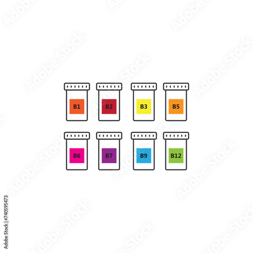Set of 8 colorful vitamin icons - A, B, C, D, E, K - simple bottle icon illustration, graphic element for products, supplements, web design and more.