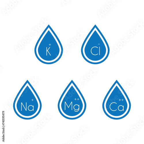 Set of 5 blue electrolyte icon elements - Calcium, Potassium, Chlorine, Magnesium, Sodium - to use in product, web design, advertisement and more.