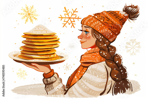Joyful girl with thin pancakes or bliny on a plate in her hands. National russian festival. Maslenitsa or Shrovetide Day. Spring is coming concept. Illustration for banner or greeting card photo