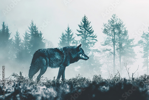 wallpaper of a wolf in double exposure of forest  silhouette 