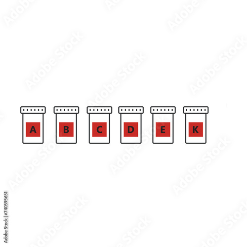 Set of 6 red vitamin icons - A, B, C, D, E, K - simple bottle icon illustration, graphic element for products, supplements, web design and more.