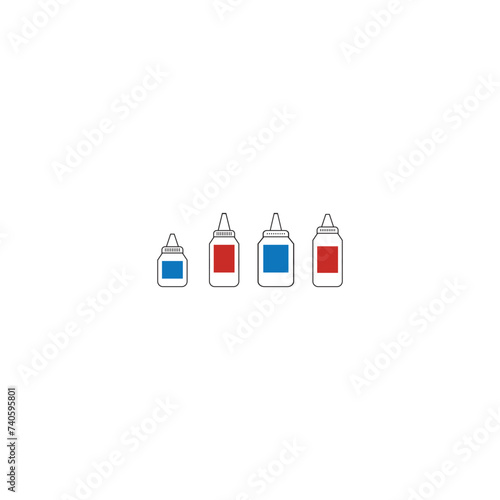 Set of 4 blue, red medication ear, nose or eye drops bottle icons - simplified vector illustration elements to use in web and product design, advertisement and more.
