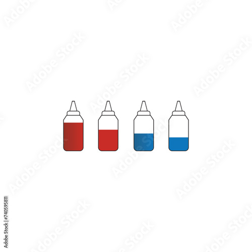 Set of 4 blue, red medication ear, nose or eye drops bottle icons - simplified vector illustration elements to use in web and product design, advertisement and more.