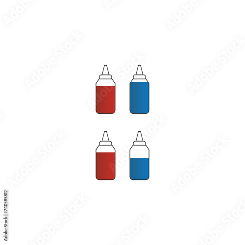 Set of 4 blue, red medication ear, nose or eye drops bottle icons - simplified vector illustration elements to use in web and product design, advertisement and more.