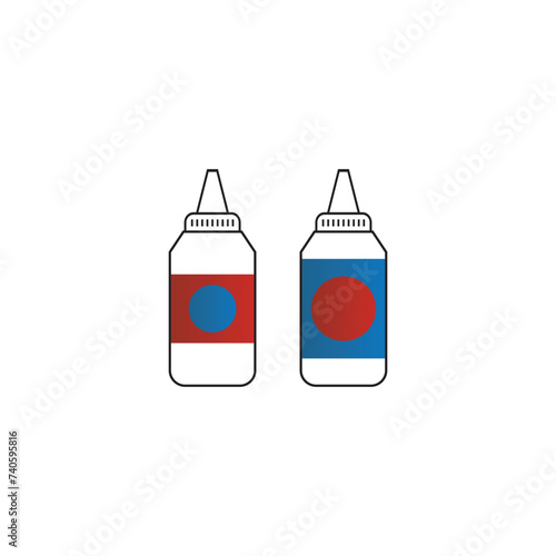 Set of 2 blue, red medication ear, nose or eye drops bottle icons - simplified vector illustration elements to use in web and product design, advertisement and more.
