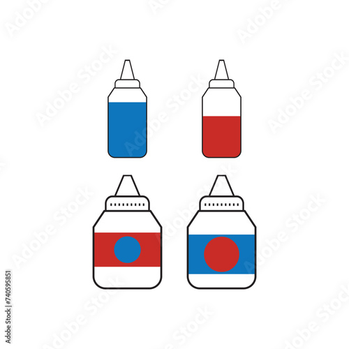 Set of 4 blue, red medication ear, nose or eye drops bottle icons - simplified vector illustration elements to use in web and product design, advertisement and more.