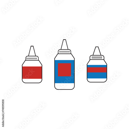 Set of 3 blue, red medication ear, nose or eye drops bottle icons - simplified vector illustration elements to use in web and product design, advertisement and more.
