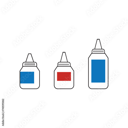 Set of 3 blue, red medication ear, nose or eye drops bottle icons - simplified vector illustration elements to use in web and product design, advertisement and more.