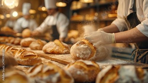 Artisan Baker Dusting Flour on Freshly Baked Bread