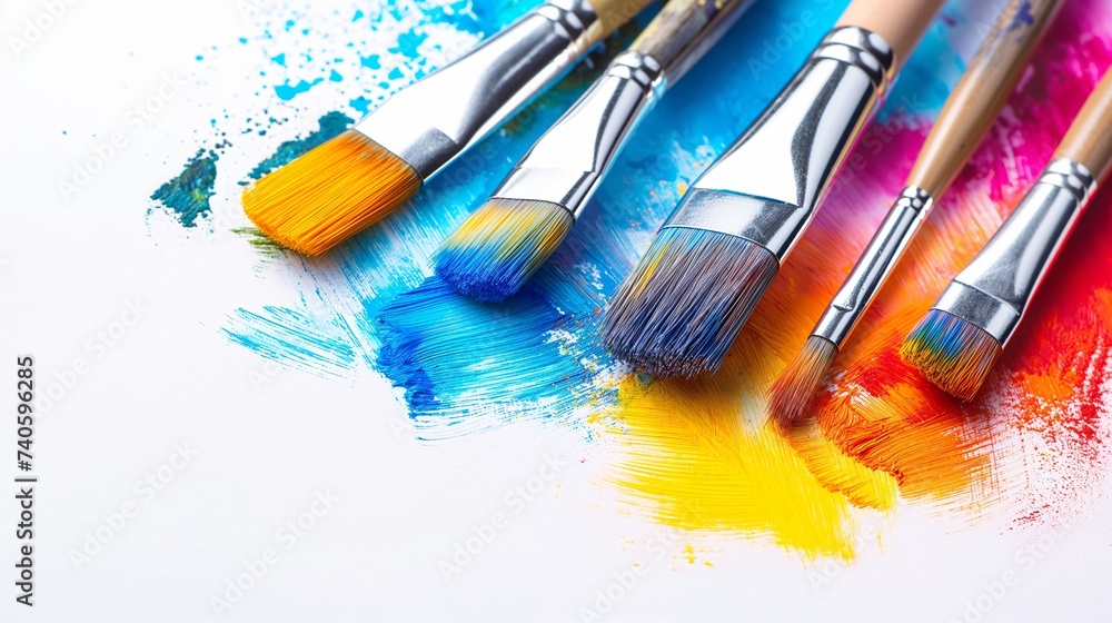 Fototapeta premium Vivid Paint Strokes and Brushes on White Canvas