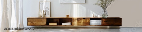 Modern interior in earthy colors and smoked oak wood console © Simone