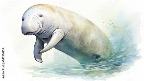 Watercolor painting of dugong on white background.