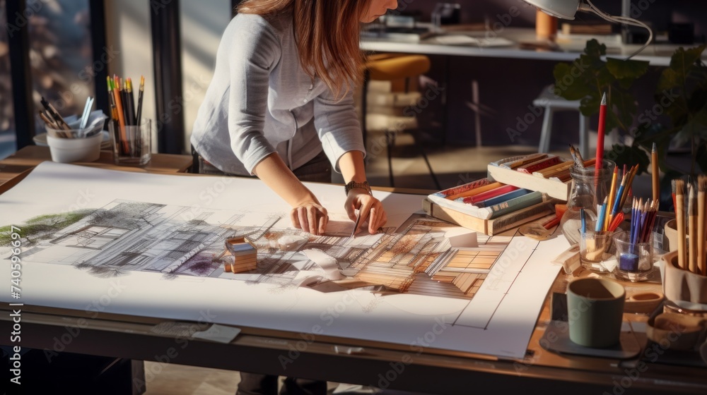 An architect, an interior designer works at a table with a house, apartment project, chooses materials, colors for furniture, walls, floor and ceiling.