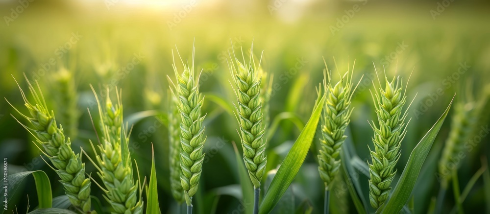 Beautiful panoramic view of a lush green wheat field under the warm sunlight - obrazy, fototapety, plakaty 