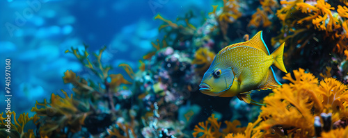 Exotic fish in the sea with a coral reef in clear and transparent water. Vibrant colors. Banner with copy space. © Denis