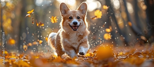 Joyful corgi running through autumn leaves with golden sunlight in the background.