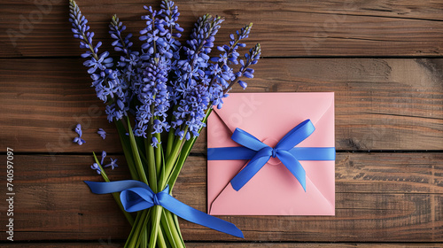 Bouquet of beautiful blue muscari and envelope on wooden brown background