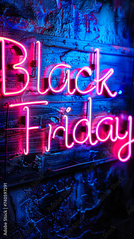 Electric pink and blue neon sign of Black Friday on a rough textured wall, epitomizing the biggest shopping event with vibrant, glowing energy and enticing sales appeal Electric pink and blue neon sign of Black Friday on a rough textured wall, epitomizing the biggest shopping event with vibrant, glowing energy and enticing sales appeal