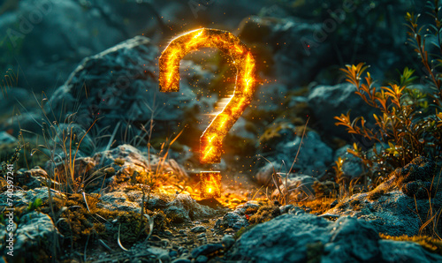 Mystical Glowing Question Mark Imprinted on Earthy Ground Signifying Curiosity, Mystery, and the Quest for Knowledge in a Natural Setting