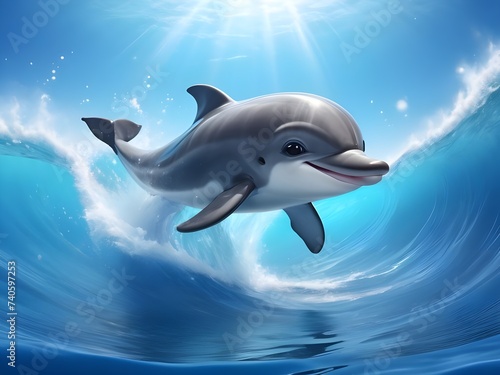 Cute Dolphin in Sparkling Waves  Cute Baby Dolphin Leaping in Sparkling Waves in the Ocean   cute baby animals for kid s room decoration  Kid s wall art  Cute beautiful baby animals  Cute Dolphin 