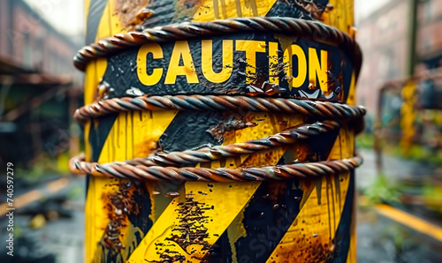 Weathered and worn caution tape wrapped around a rusty pole, signaling danger and the need for safety in a high risk or construction area photo