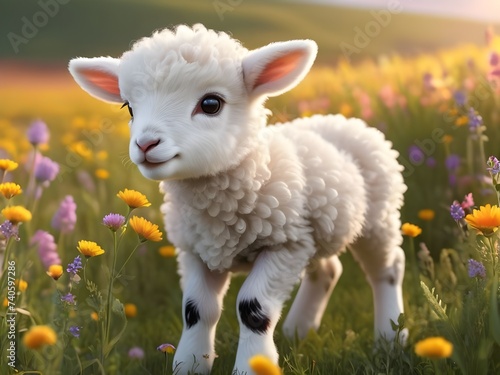 Playful Baby Lamb Running Through Wildflowers, Cute baby animal wallpaper, Beautiful baby sheep, Cute baby animals for kid's room wall art, wall decoration arts for kid's room