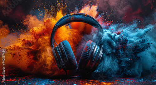 Headphones with colorful powder explosion on dark background, representing dynamic sound and music concept.