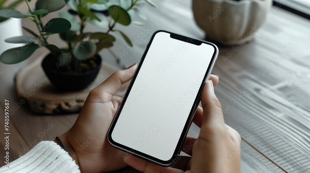 Businessman reading an informations on the phone screen. Phone white screen mockup. empty mockup. Generative AI. Businessman reading an informations on the phone screen. Phone white screen mockup. empty mockup. Generative AI.