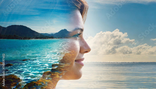 Double exposure of a happy woman enjoying the azure ocean and majestic mountains , generated by AI