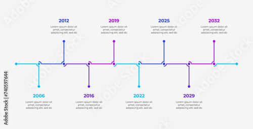 Business infographic for company milestones timeline template with years. Concept of business development with 8 processes (ID: 740597644)