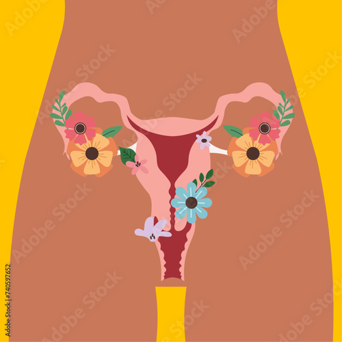 female reproductive sistem with flower in ovary in flat illustration